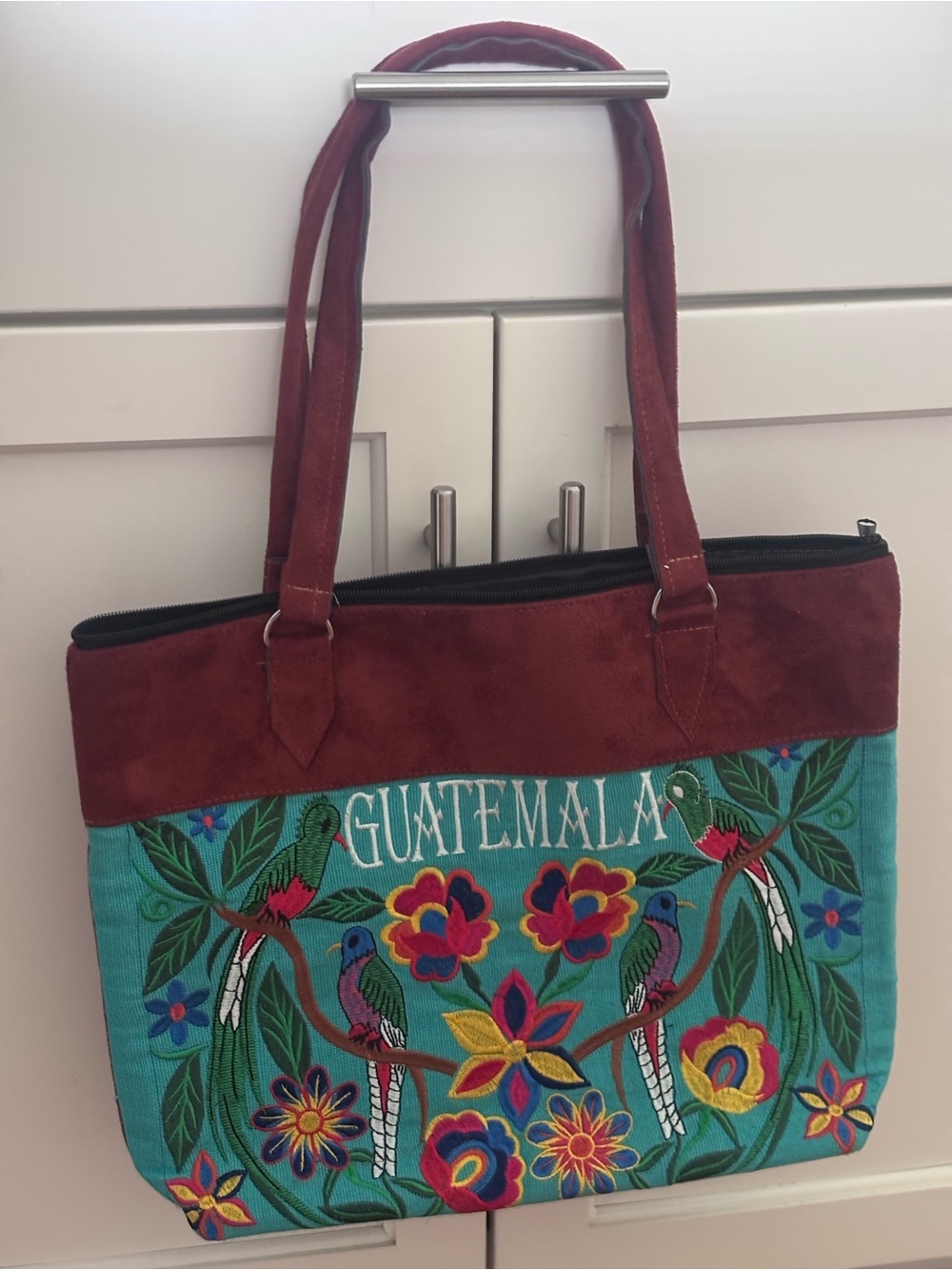 Guatemala Embroidered Tote Bag Birds Floral Design Turquoise Brown Zip Top NWOT